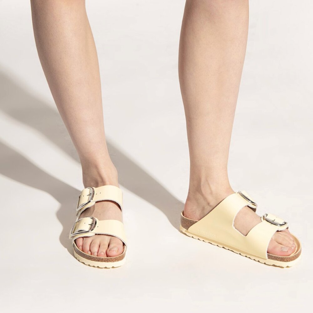 Arizona Big Buckle Leather Slide Sandals - Butter Yellow, Size 10